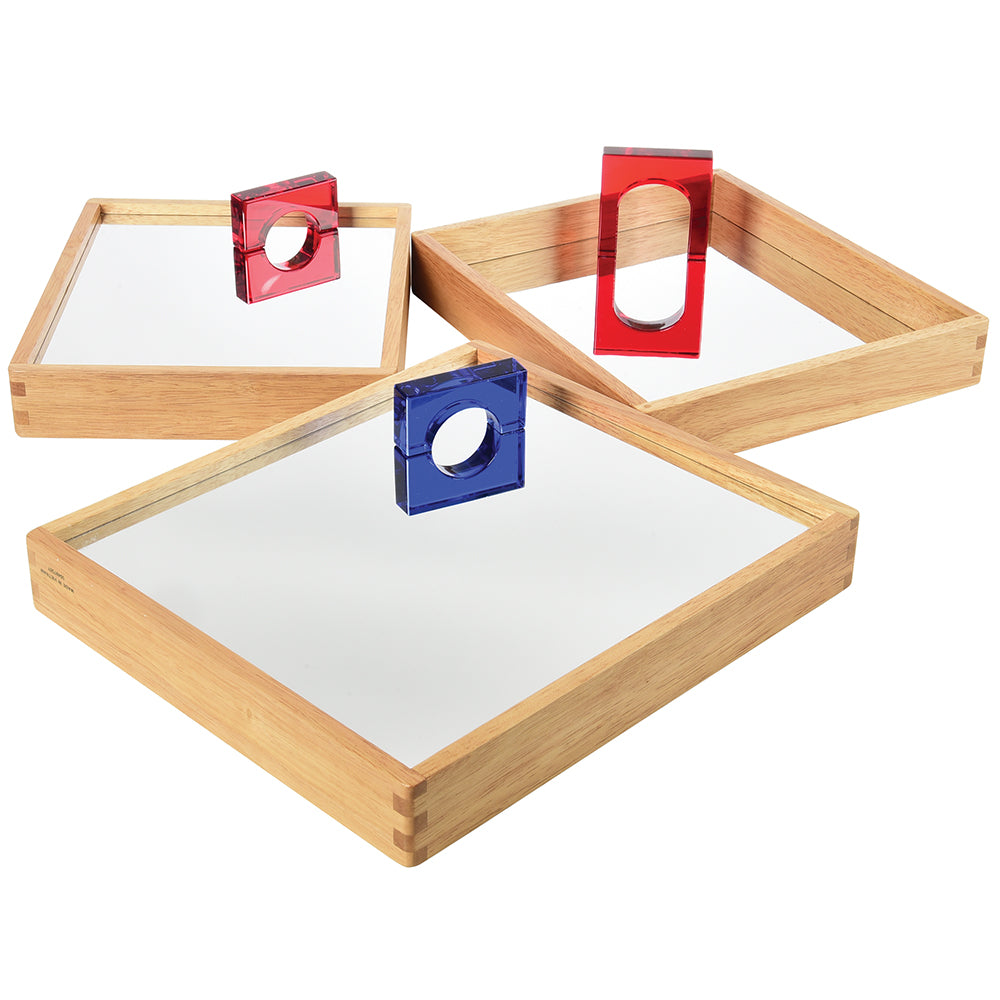 Reflective Observation Trays | Set of 3 Double-Sided Mirrored Wooden Trays for Exploring Light, Shadows & Structures